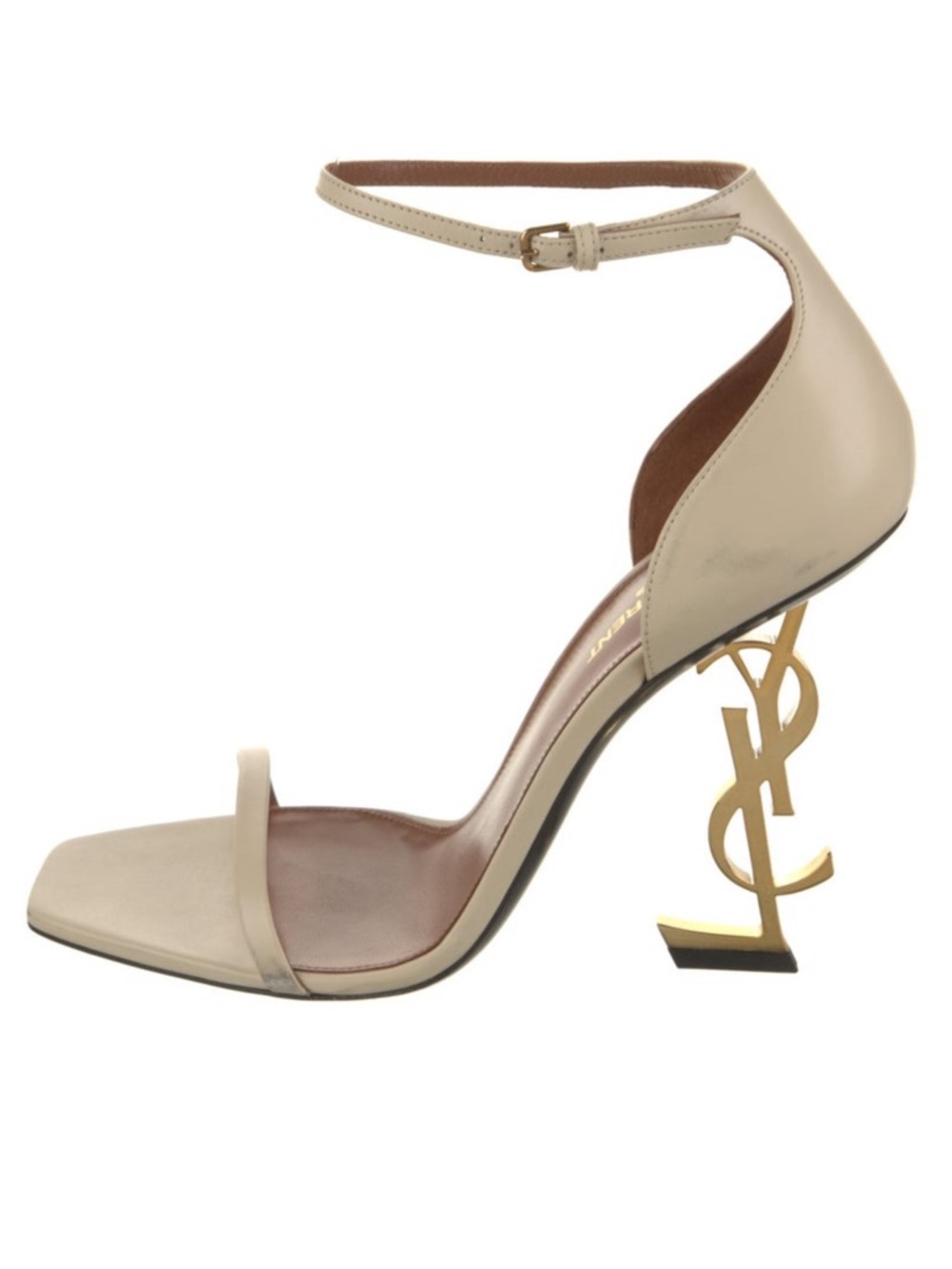 Saint Laurent Cream Ankle-Strap Sandal with Gold YSL Logo Heel